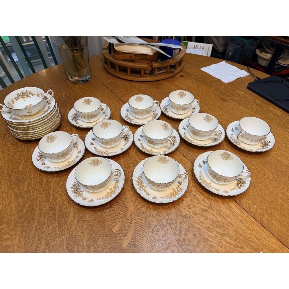 Set Of 11 Vtg Minton Marlow Gold Tea Cups And Saucers + Cream Soup Bowl/Saucers